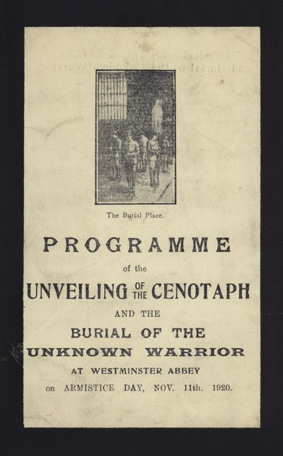 Program for avdukingen av cenotaphen og begravelsen av den ukjente krigeren, Westminster Abbey, London, 11. november 1920 av English School