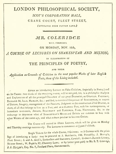 Program for Coleridges-forelesninger fra 1808 av English School