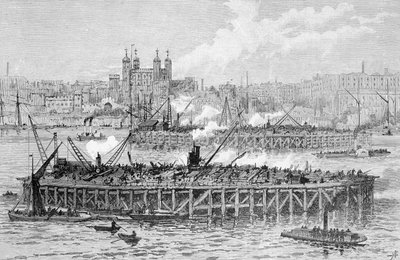 Progress of the Works of the Tower Bridge over the Thames av English School
