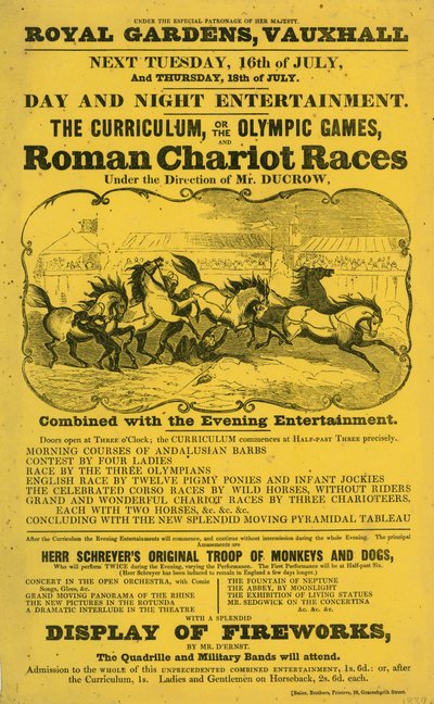 Kampanjehefte for The Curriculum; eller, De olympiske leker og Roman Chariot Race i Royal Gardens, Vauxhall, London av English School
