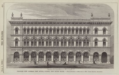 Vorgeschlagenes neues Hauptpostamt, Sydney, New South Wales, Flankenansicht, entworfen von Mr. James Barnet, Architekt (Gravur) von English School
