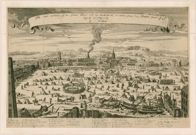 Prospektet til den frosne Themsen, tatt fra tempeltrappen 20. januar 171516 av English School