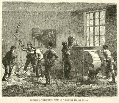 Prøyssere som tresker mais i et fransk skolerom, september 1870 av English School