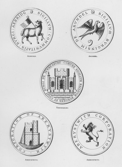Offentlige våpen: Axbridge; Arundel; Tewkesbury; Aberystwith (gravering) av English School