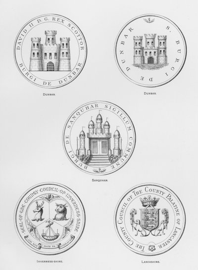 Offentlige våpen: Dunbar; Sanquhar; Inverness-shire; Lancashire (gravering) av English School