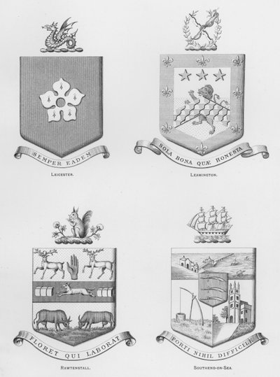 Offentlige våpen: Leicester; Leamington; Rawtenstall; Southend-on-Sea (gravering) av English School
