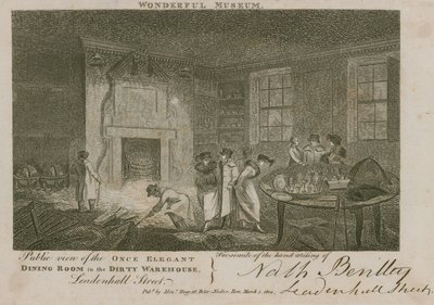 Offentlig utsikt over den en gang elegante spisestuen i det skitne lageret, Leadenhall Street, London av English School