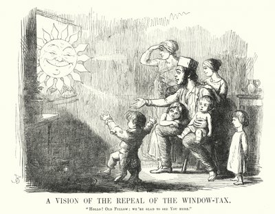 Punch tegneserie: A Vision of the Repeal of the Window Tax (gravering) av English School