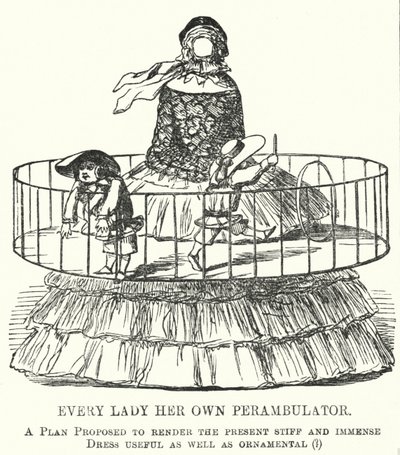 Punch tegneserie: Every Lady Her Own Perambulator - moten for bøyleskjørt for kvinner (gravering) av English School