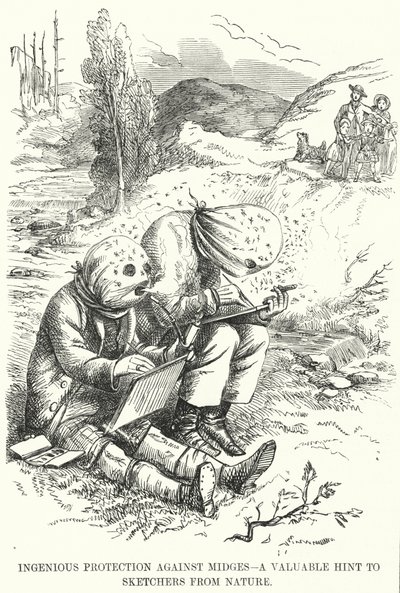 Punch tegneserie: Genial beskyttelse mot midges - et verdifullt hint til Sketchers from Nature (gravering) av English School