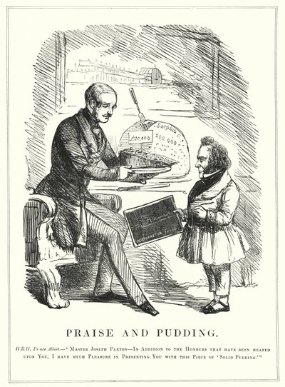 Punch tegneserie: Praise and Pudding: Prins Albert belønner Joseph Paxton for å ha designet Crystal Palace for å huse den vellykkede store utstillingen fra 1851 i Hyde Park, London (gravering) av English School