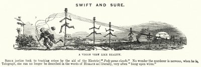 Punch tegneserie: Swift and Sure - bruken av elektrisk telegrafi for å spore kriminalitet (gravering) av English School
