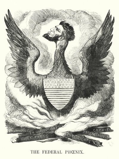 Punch tegneserie: The Federal Phoenix - Abraham Lincolns gjenvalg i det amerikanske presidentvalget i 1864 (gravering) av English School
