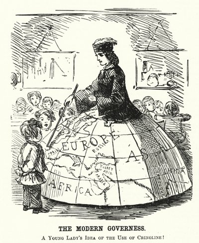 Punch tegneserie: The Modern Governess - et bredt bøyleskjørt som fungerer som et geografiundervisningshjelpemiddel (gravering) av English School