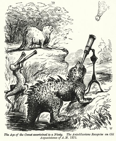 Punch tegneserie: dinosaurer ser på en komet (gravering) av English School