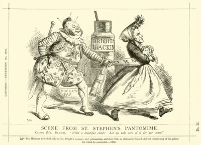 Punch tegneserie om John Bright: Scene From St Stephen's Pantomime, 30. desember 1865 (gravering) av English School
