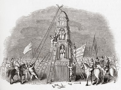 Puritanere ødelegger Cheapside Cross, også kjent som Eleanor Cross, London, England i 1643, fra Old England: A Pictorial Museum, publisert 1847 av English School