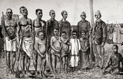 Pygmé-innfødte sammenlignet med engelske offiserer, sudanesere og zanzibaris, 1890 (tregravering) av English School