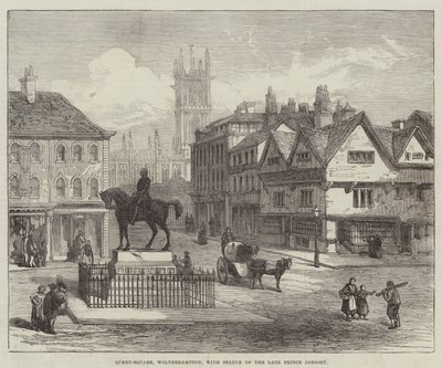 Queen-Square, Wolverhampton, med statue av avdøde Prince Consort (gravering) av English School