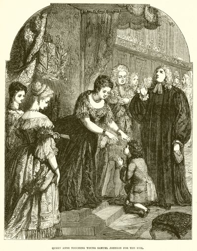 Dronning Anne berører unge Samuel Johnson for ondskapen av English School