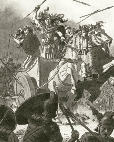 Dronning Boadicea i sin vogn (litho) av English School
