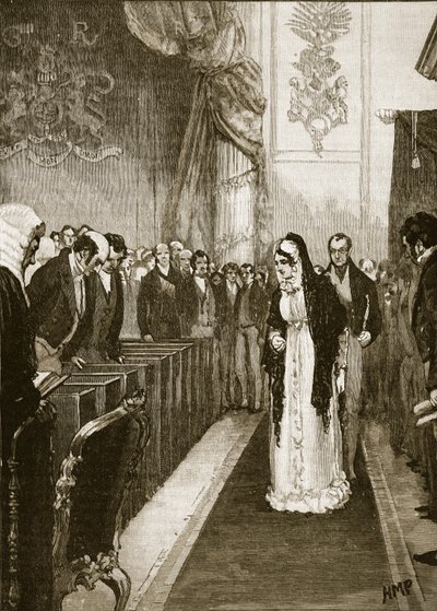 Dronning Caroline går inn i House of Lords, illustrasjon fra Cassells Illustrated History of England (sepiafoto) av English School