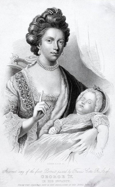 Dronning Charlotte, konsort av kong George III, med deres babysønn, den fremtidige prinsregenten og kong George IV av English School