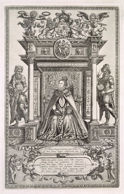 Dronning Elizabeth I (1533-1603) som beskytter av geografi og astronomi, frontispice til en bok med saksiske kart over England, 1579 av English School