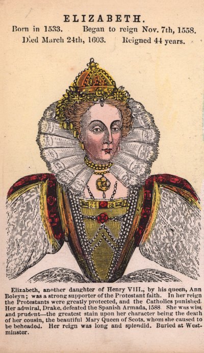 Dronning Elizabeth I (farget gravering) av English School