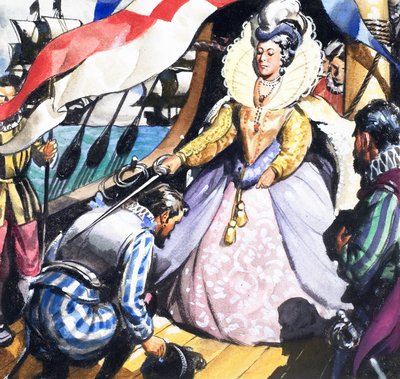 Dronning Elizabeth og Francis Drake av English School