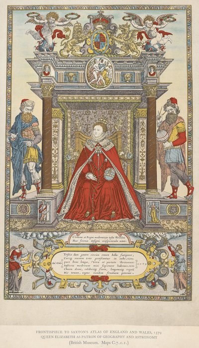 Dronning Elizabeth som beskytter av geografi og astronomi. Frontispice til Saxtons atlas over England Wales fra 1579 (farge litho) av English School