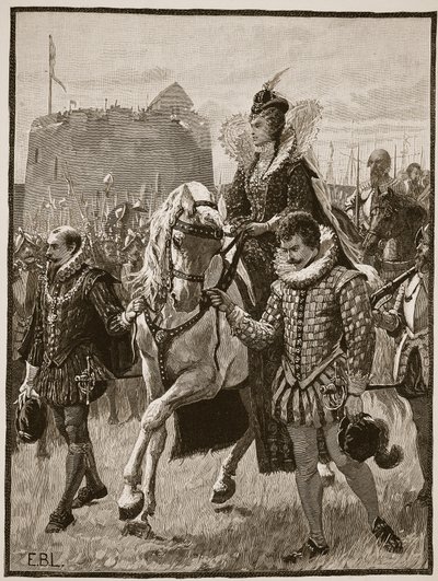 Dronning Elizabeth på Tilbury, illustrasjon fra Cassells Illustrated History of England (sepia-bilde) av English School