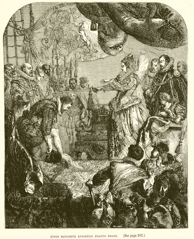 Dronning Elizabeth ridder Francis Drake av English School