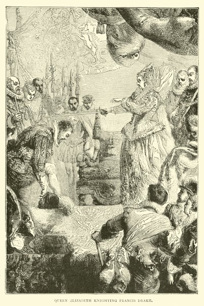 Dronning Elizabeth ridder Francis Drake av English School