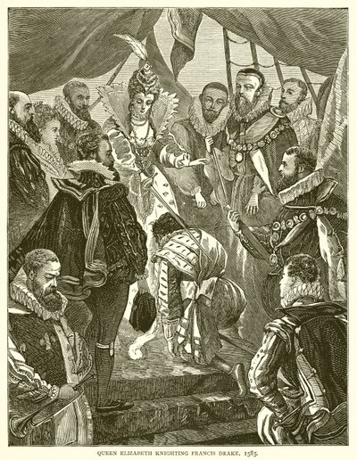 Dronning Elizabeth ridder Francis Drake, 1585 av English School