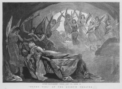 Dronning Katherines visjon, scene fra en produksjon av Shakespeares Henry VIII på Lyceum Theatre, London (litho) av English School