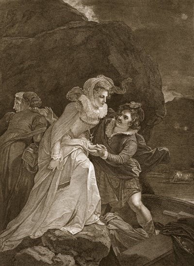 Queen Mary rømmer fra Loch Leven Castle, illustrasjon fra David Humes The History of England, pub. av R. Bowyer, London, 1812 av English School