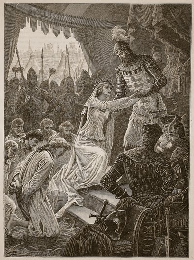 Dronning Philippa går i forbønn for burghessene i Calais, illustrasjon fra Cassells Illustrated History of England (sepia-bilde) av English School