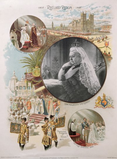 Dronning Victoria (1819-1901) avbildet på tidspunktet for hennes diamantjubileum i 1897 sammen med noen av hovedbegivenhetene i livet hennes, 1897 av English School