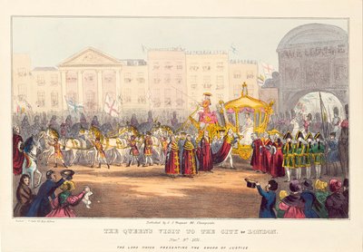 Dronning Victoria kommer inn i City of London ved Temple Bar, gravert av G. Tregear, 1837 av English School