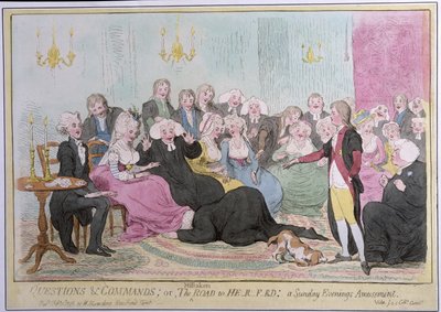Spørsmål og kommandoer, eller The Mistaken Road to Hrf-rd: a Sunday Evenings Amusement, utgitt av Hannah Humphrey i 1788 (håndfarget etsning) av English School