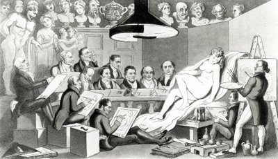 R. A.s of Genius som reflekterer over den sanne skjønnhetslinjen ved Life Academy Somerset House, utgitt av Sherwood, Jones & Co., 1824 av English School