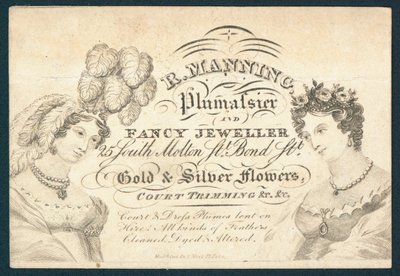 R Manning, Plumassier og fancy gullsmed, handelskort av English School