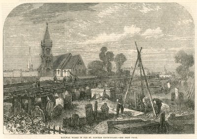 Jernbanearbeid i Old St Pancras Churchyard, London av English School