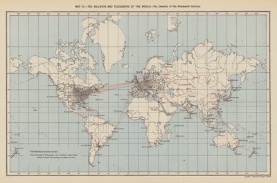 Jernbaner og telegrafer i verden, skapelsen av det nittende århundre (fargelitografi) av English School
