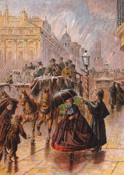 Regnfull gatescene (fargelitografi) av English School