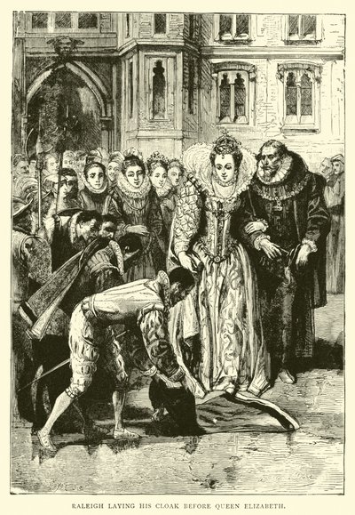 Raleigh legger kappen sin foran dronning Elizabeth av English School