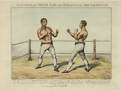 Randall, den irske gutten og Belasco, jødemesteren, gravert av Williams (farget etsning) av English School