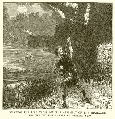 Rearing the Fire Cross for Assembly of the Highland Clans før slaget ved Pinkie, 1547 av English School