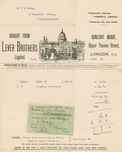 Kvittering for Lever Brothers Limited av English School